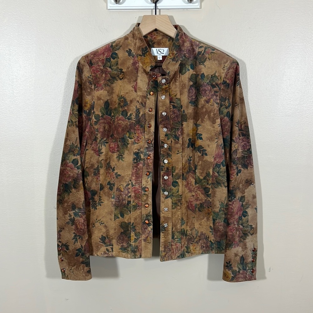 Women’s VS2 size large leather jacket, brown floral print, snap front